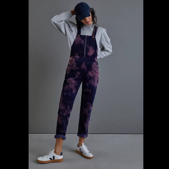 Anthropologie Navy Blue Pilcro Slim Tie Dye Corduroy Overalls Petite - Picture 1 of 8